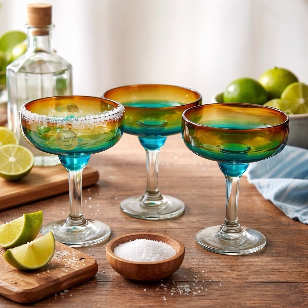Amici Home Margarita Glasses Set of 3 Hand Blown Mexico Blue Amber Art Glass